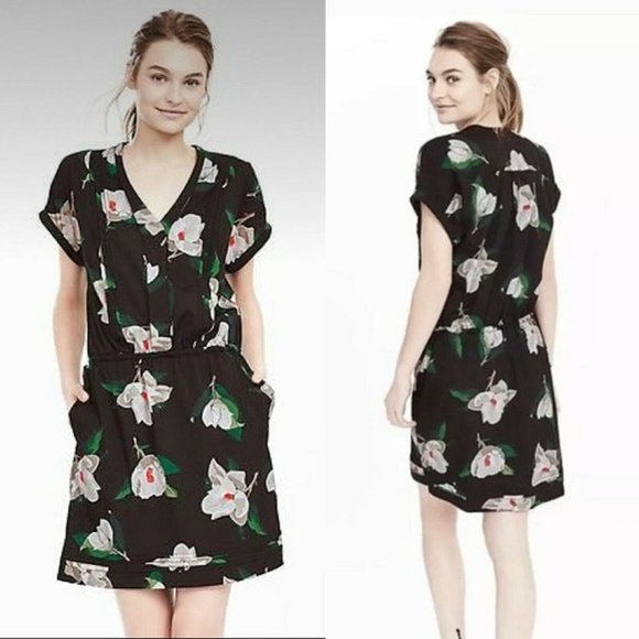 Banana Republic Dresses & Skirts - BANANA REPUBLIC Black White Midi Dress XL Shift Botanical Pleated Short Sleeve